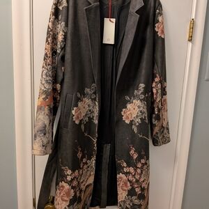 Floral Print Long Trench Coat - Black with Pink Floral